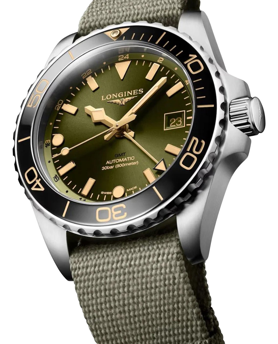 Longines HydroConquest GMT Automatic Stainless Steel Green Dial Green Nylon NATO Strap Date Divers Mens Watch L3.790.4.06.2 wholesalehk.shop