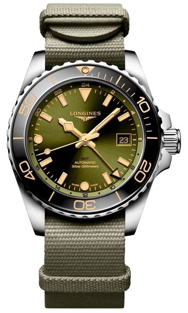 Longines HydroConquest GMT Automatic Stainless Steel Green Dial Green Nylon NATO Strap Date Divers Mens Watch L3.790.4.06.2 wholesalehk.shop