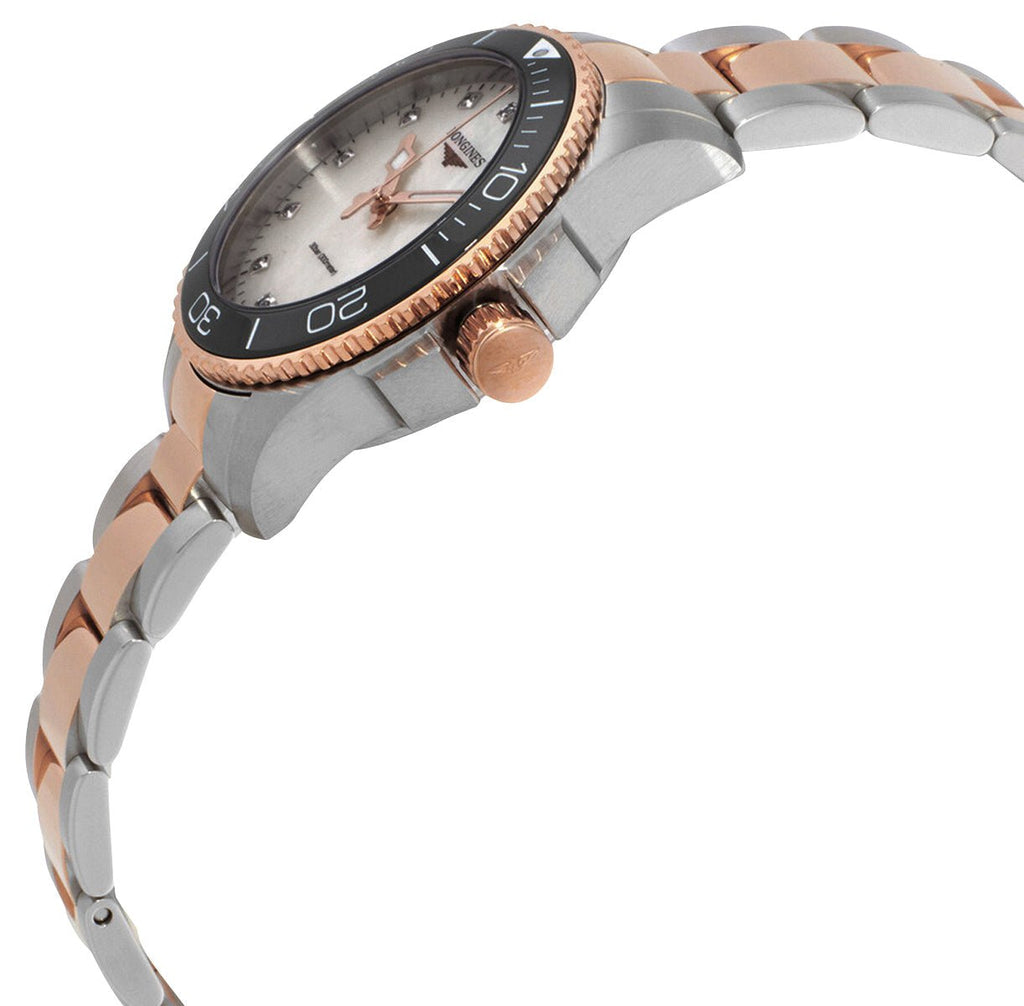 Longines HydroConquest Stainless Steel & Rose Gold PVD Mother-Of-Pearl Dial Diamonds Date Divers Quartz Womens Watch L3.370.3.89.6 wholesalehk.shop