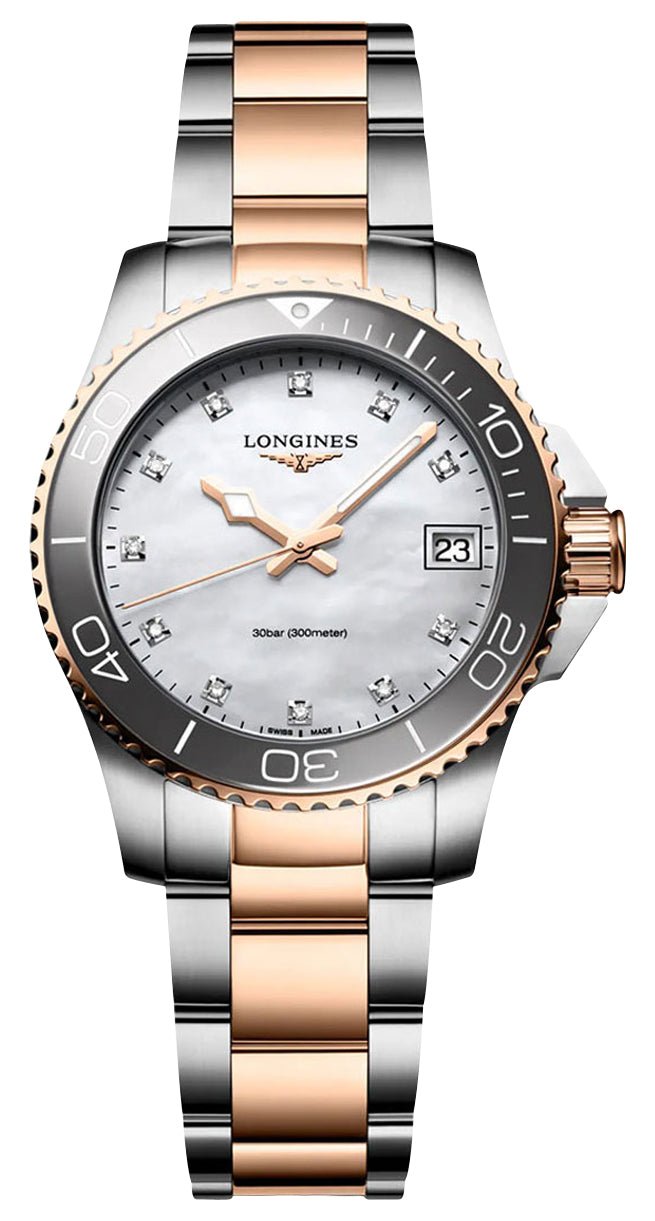 Longines HydroConquest Stainless Steel & Rose Gold PVD Mother-Of-Pearl Dial Diamonds Date Divers Quartz Womens Watch L3.370.3.89.6 wholesalehk.shop