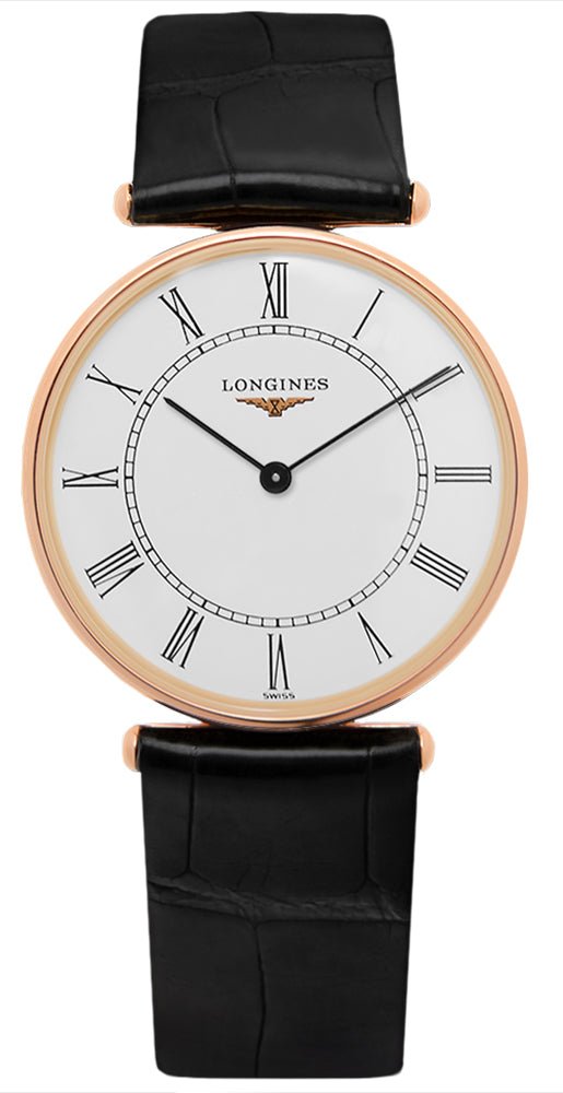 Longines La Grande Classique Agassiz 18K Rose Gold White Dial Black Leather Strap Quartz Unisex Watch L4.691.8.11.0 wholesalehk.shop