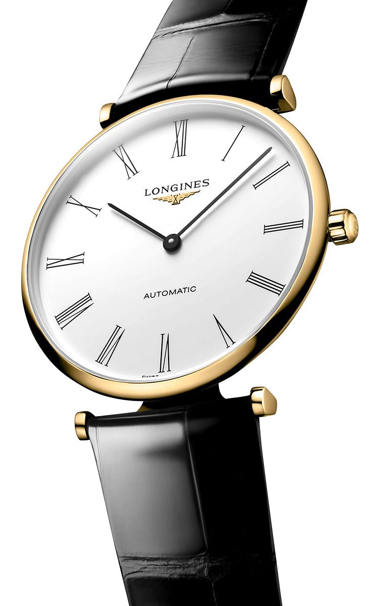 Longines La Grande Classique Automatic Yellow Gold PVD White Dial Black Leather Strap Mens Watch L4.918.2.11.2 wholesalehk.shop