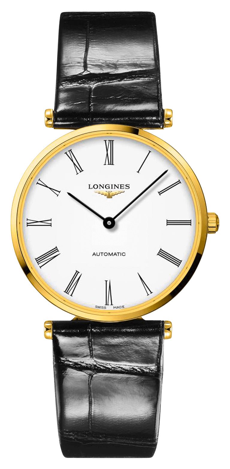 Longines La Grande Classique Automatic Yellow Gold PVD White Dial Black Leather Strap Mens Watch L4.918.2.11.2 wholesalehk.shop