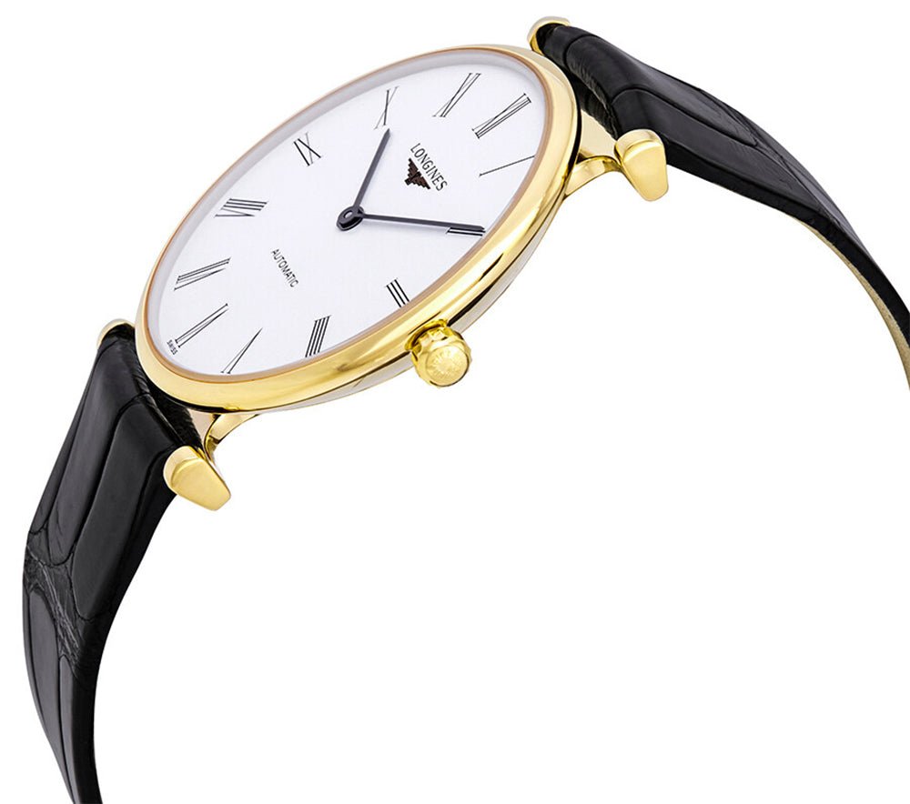 Longines La Grande Classique Automatic Yellow Gold PVD White Dial Black Leather Strap Unisex Watch L4.908.2.11.2 wholesalehk.shop