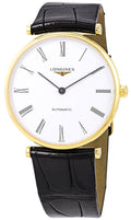 Longines La Grande Classique Automatic Yellow Gold PVD White Dial Black Leather Strap Unisex Watch L4.908.2.11.2 wholesalehk.shop