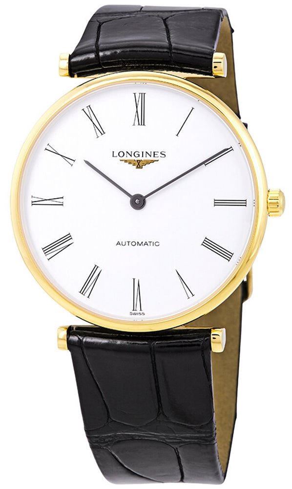 Longines La Grande Classique Automatic Yellow Gold PVD White Dial Black Leather Strap Unisex Watch L4.908.2.11.2 wholesalehk.shop