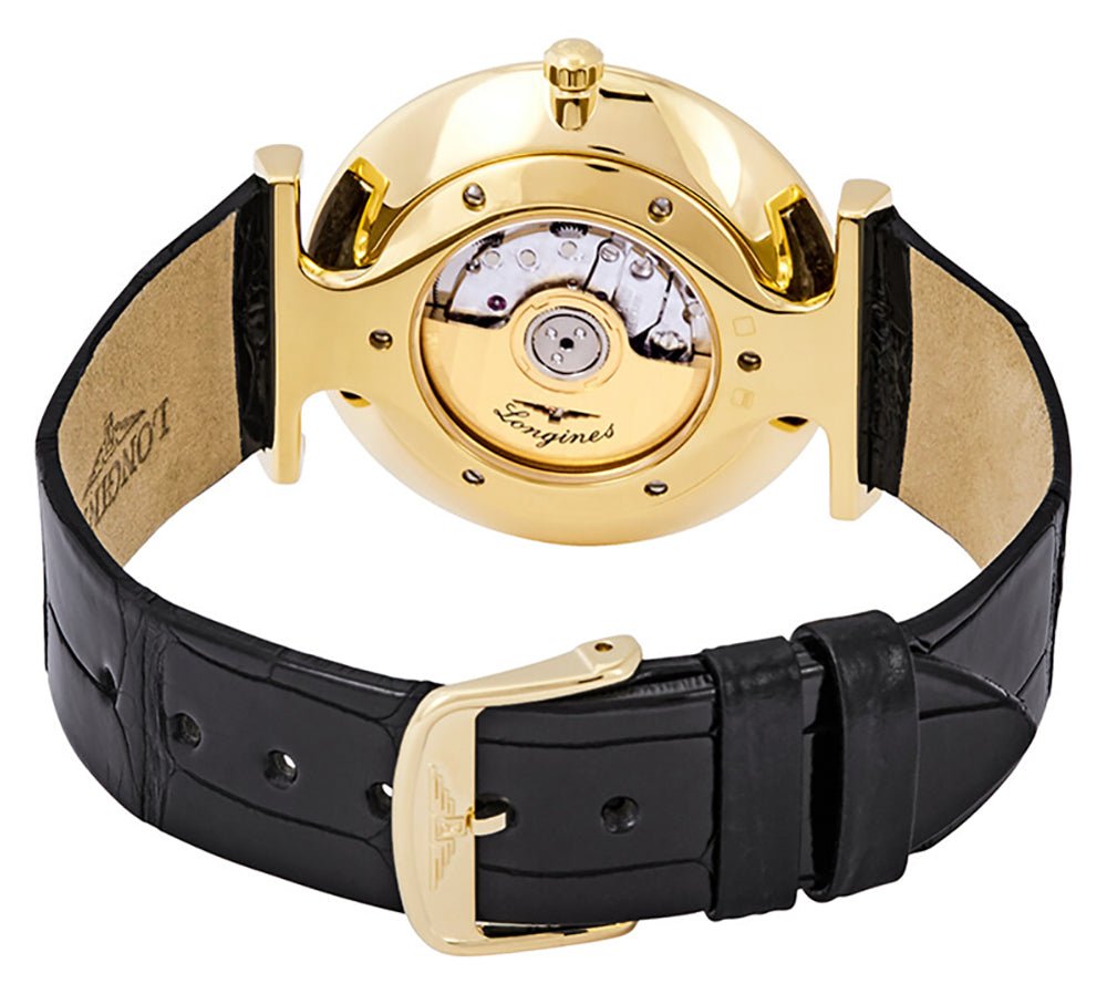 Longines La Grande Classique Automatic Yellow Gold PVD White Dial Black Leather Strap Unisex Watch L4.908.2.11.2 wholesalehk.shop