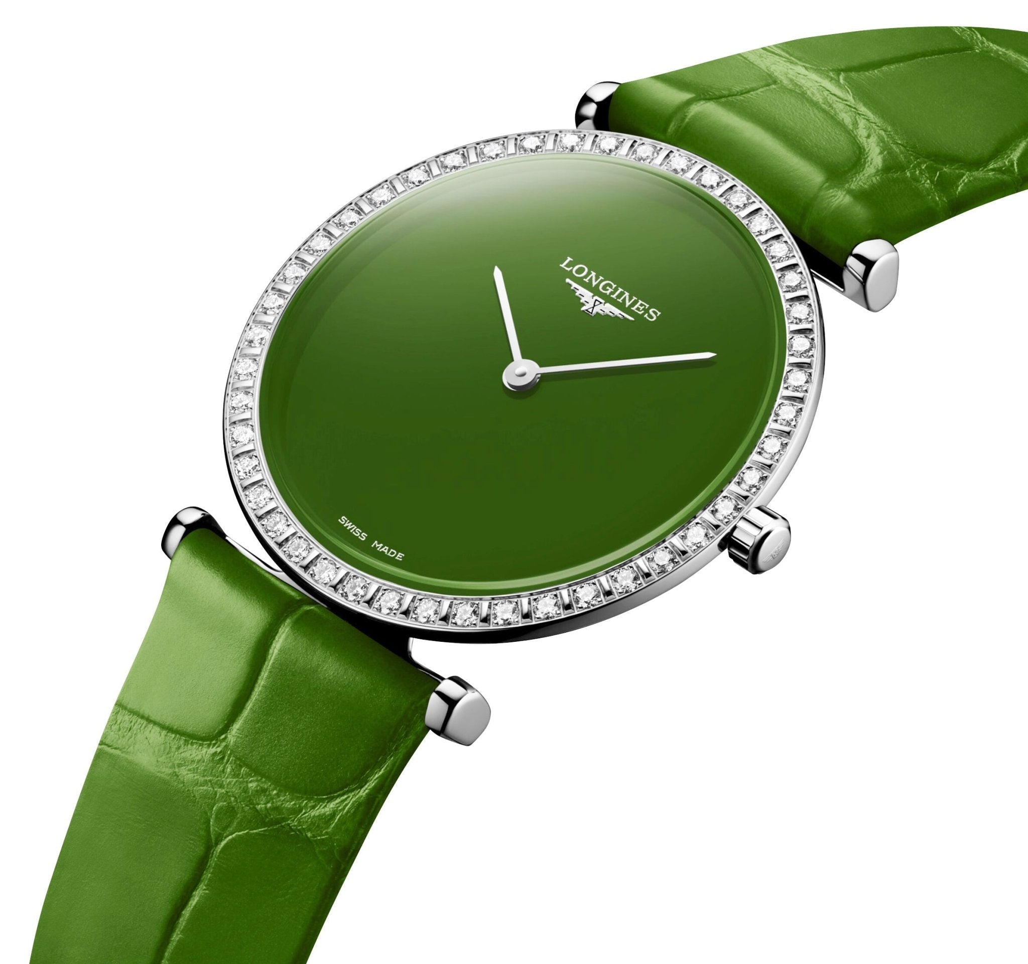 Longines La Grande Classique Monochrome Stainless Steel Green Dial Green Leather Strap Diamonds Quartz Womens Watch L4.523.0.60.2 wholesalehk.shop