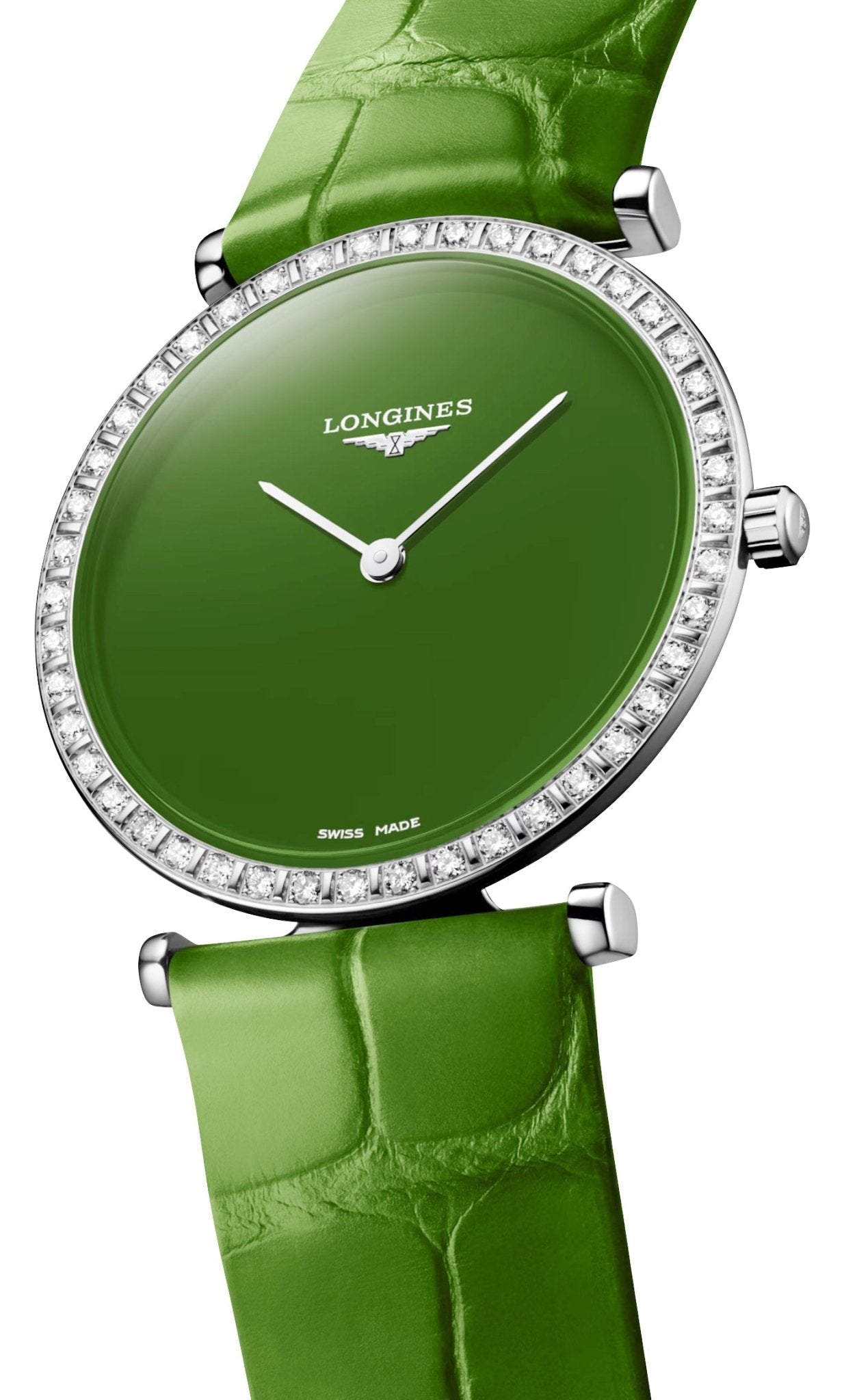 Longines La Grande Classique Monochrome Stainless Steel Green Dial Green Leather Strap Diamonds Quartz Womens Watch L4.523.0.60.2 wholesalehk.shop