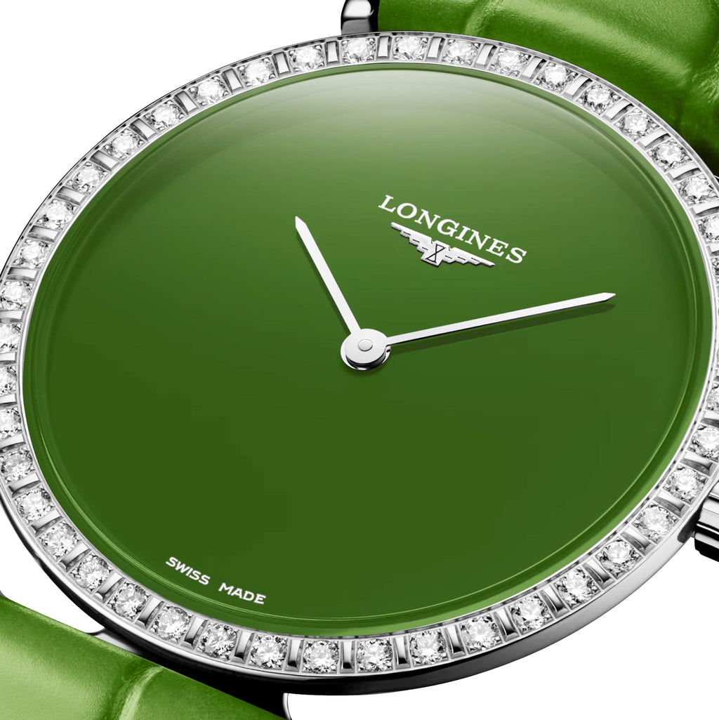 Longines La Grande Classique Monochrome Stainless Steel Green Dial Green Leather Strap Diamonds Quartz Womens Watch L4.523.0.60.2 wholesalehk.shop