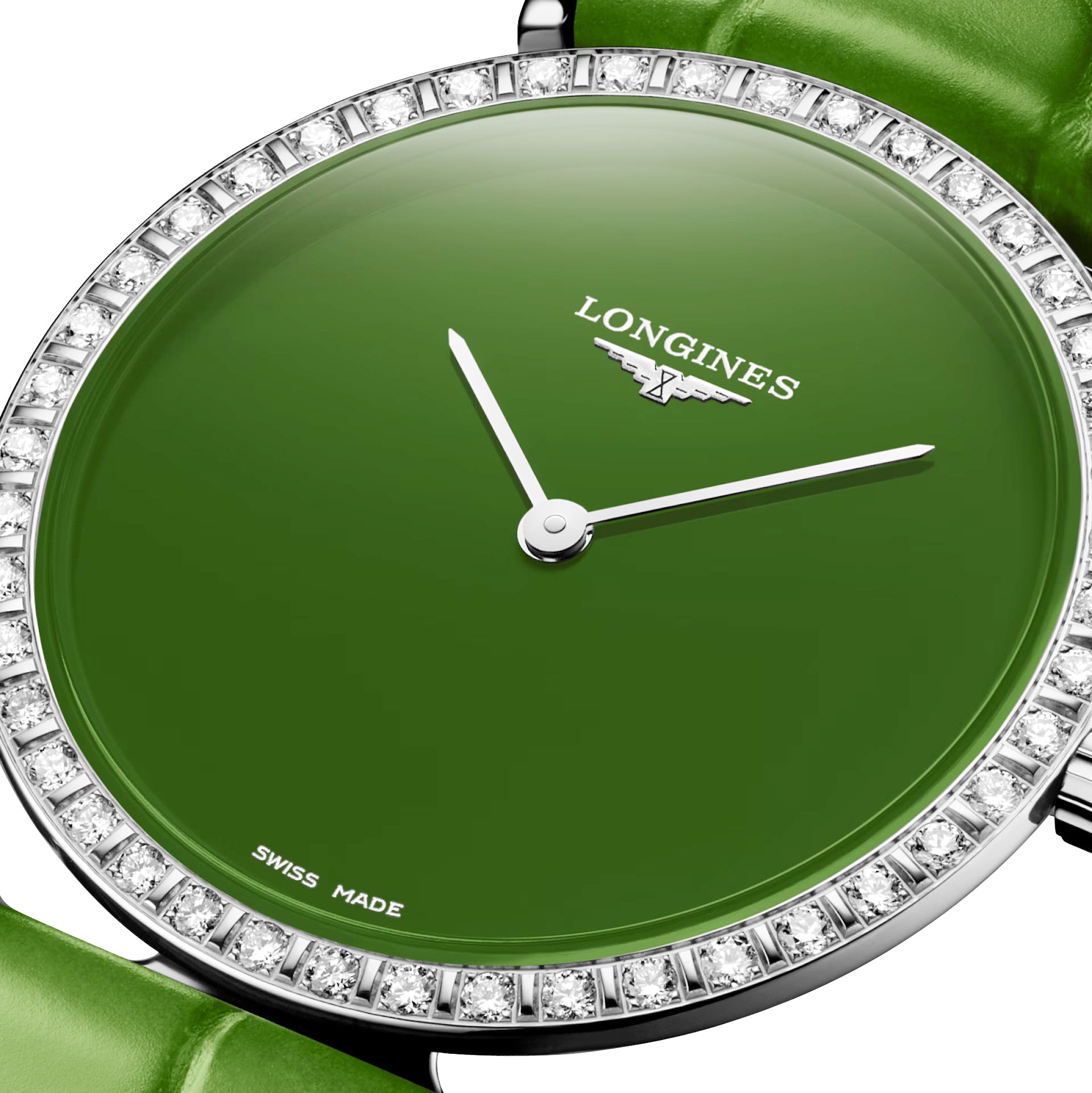 Longines La Grande Classique Monochrome Stainless Steel Green Dial Green Leather Strap Diamonds Quartz Womens Watch L4.523.0.60.2 wholesalehk.shop