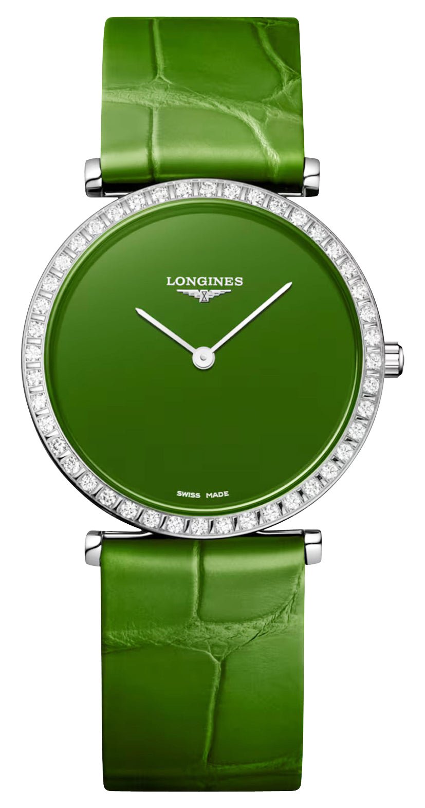 Longines La Grande Classique Monochrome Stainless Steel Green Dial Green Leather Strap Diamonds Quartz Womens Watch L4.523.0.60.2 wholesalehk.shop
