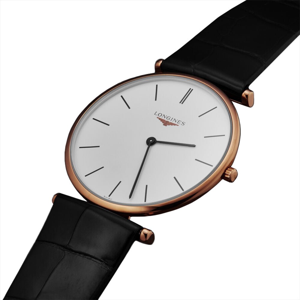 Longines La Grande Classique Rose Gold PVD White Dial Black Leather Strap Quartz Unisex Watch L4.755.1.92.2 wholesalehk.shop