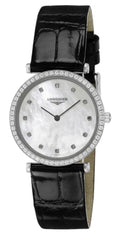 Longines La Grande Classique Stainless Steel Mother-Of-Pearl Dial Black Leather Strap Diamonds Quartz Womens Watch L4.513.0.87.2 wholesalehk.shop