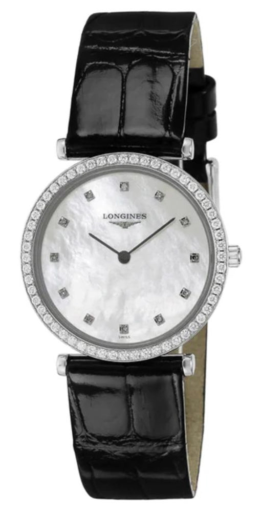 Longines La Grande Classique Stainless Steel Mother-Of-Pearl Dial Black Leather Strap Diamonds Quartz Womens Watch L4.513.0.87.2 wholesalehk.shop