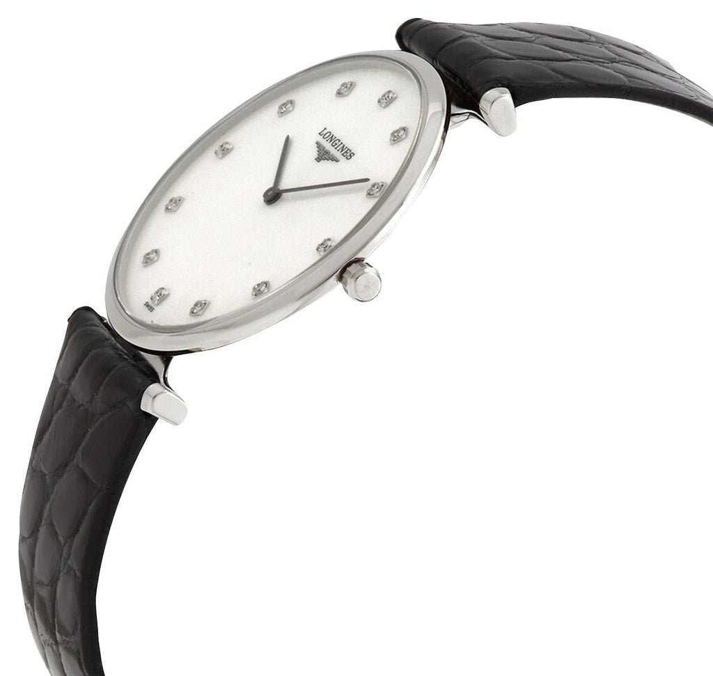 Longines La Grande Classique Stainless Steel Mother-Of-Pearl Dial Black Leather Strap Diamonds Quartz Womens Watch L4.709.4.88.2 wholesalehk.shop