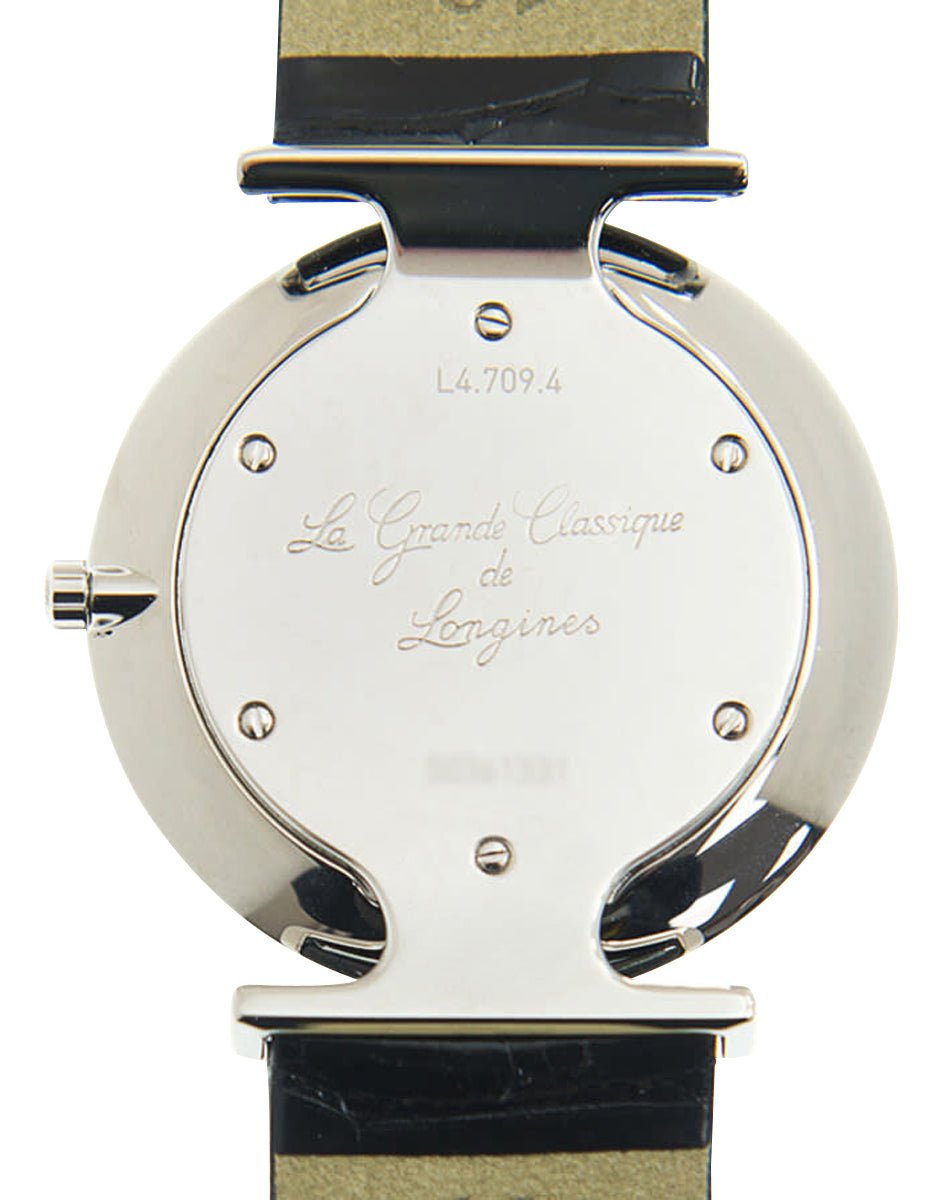 Longines La Grande Classique Stainless Steel Mother-Of-Pearl Dial Black Leather Strap Diamonds Quartz Womens Watch L4.709.4.88.2 wholesalehk.shop