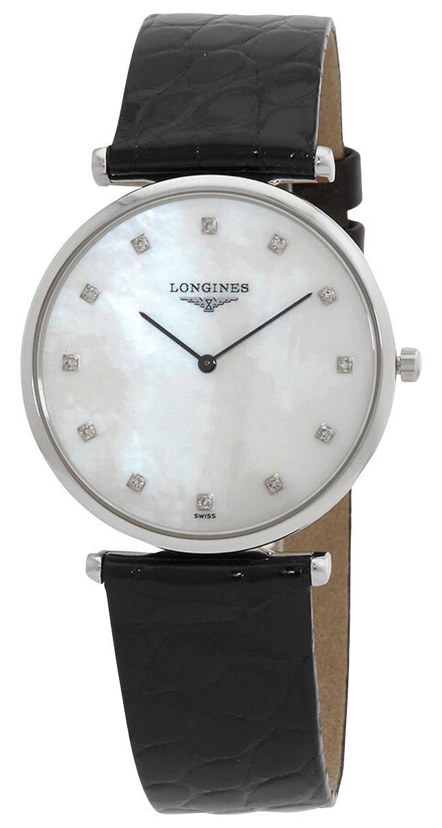 Longines La Grande Classique Stainless Steel Mother-Of-Pearl Dial Black Leather Strap Diamonds Quartz Womens Watch L4.709.4.88.2 wholesalehk.shop