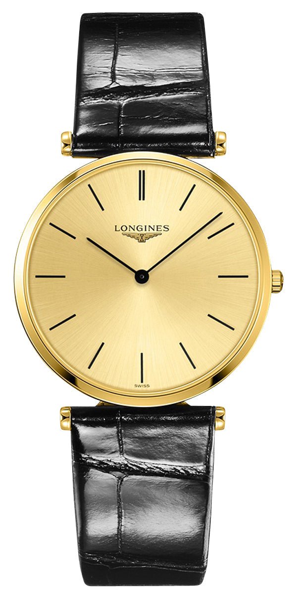 Longines La Grande Classique Yellow Gold PVD Gold Dial Black Leather Strap Quartz Mens Watch L4.755.2.32.2 wholesalehk.shop