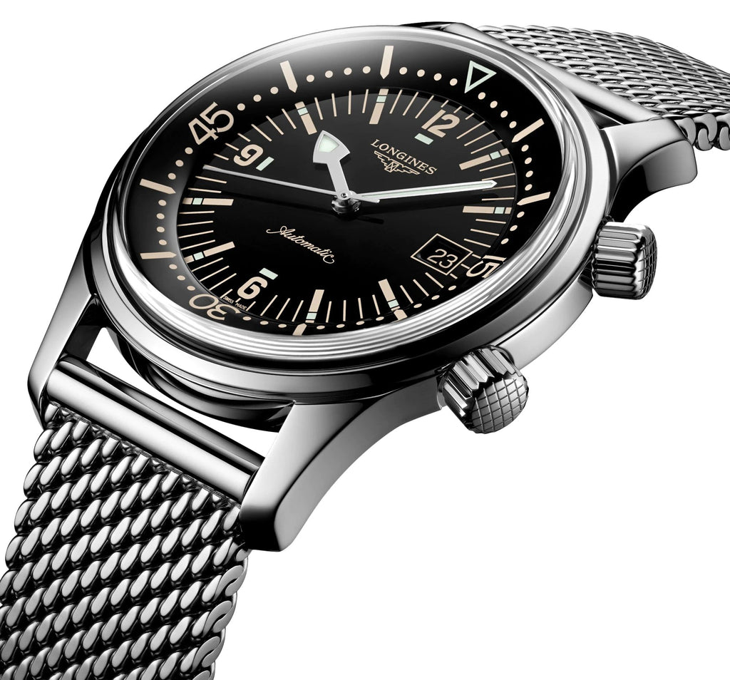 Longines Legend Diver Automatic Mesh Stainless Steel Black Dial Date Mens Watch L3.774.4.50.6 wholesalehk.shop