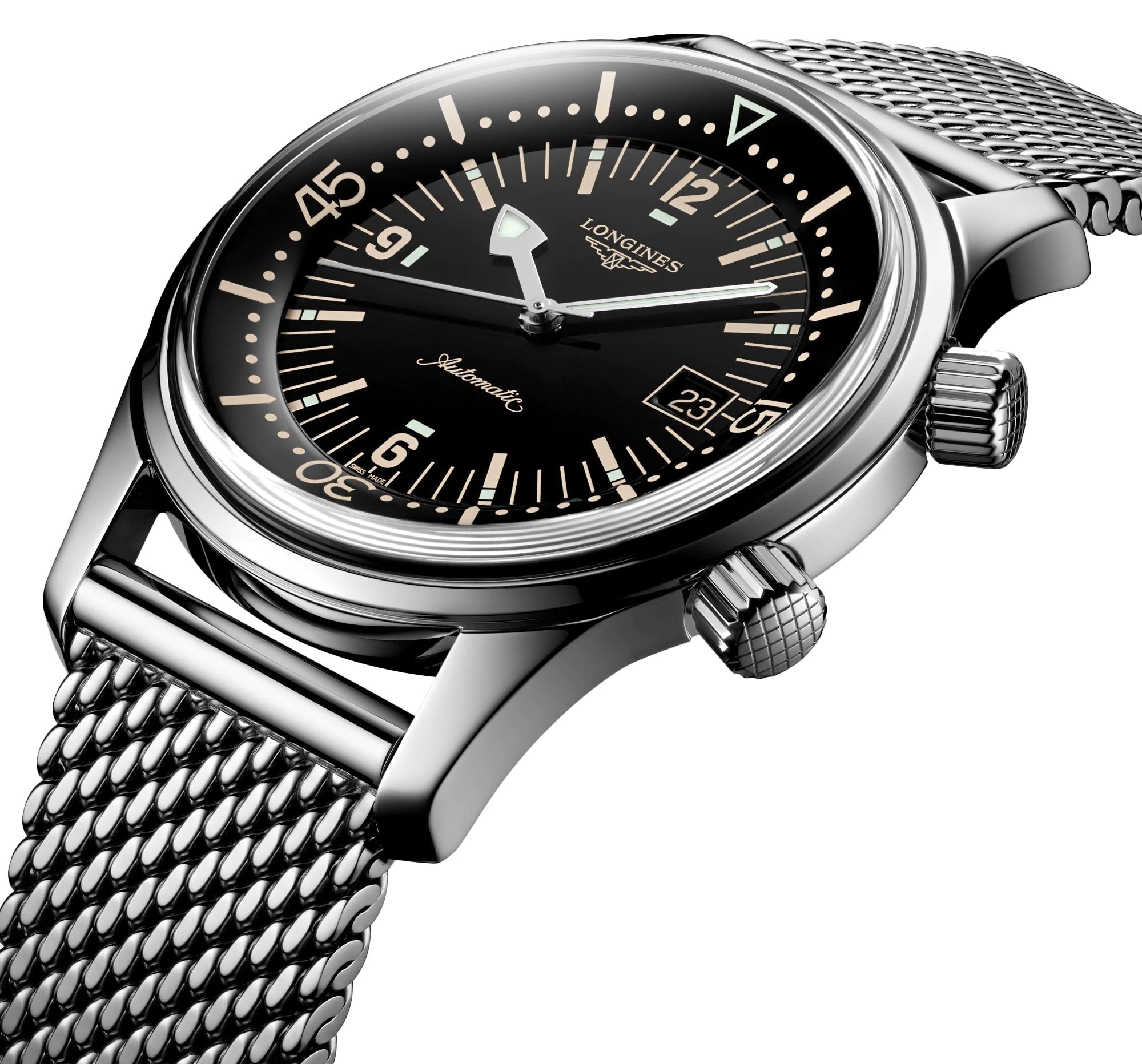 Longines Legend Diver Automatic Mesh Stainless Steel Black Dial Date Mens Watch L3.774.4.50.6 wholesalehk.shop