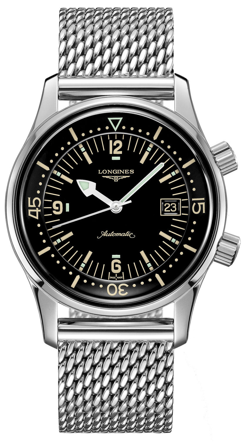 Longines Legend Diver Automatic Mesh Stainless Steel Black Dial Date Mens Watch L3.774.4.50.6 wholesalehk.shop