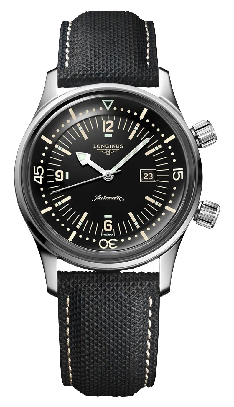 Longines Legend Diver Automatic Stainless Steel Black Dial Black Fabric Strap Date Divers Unisex Watch L3.374.4.50.0 wholesalehk.shop