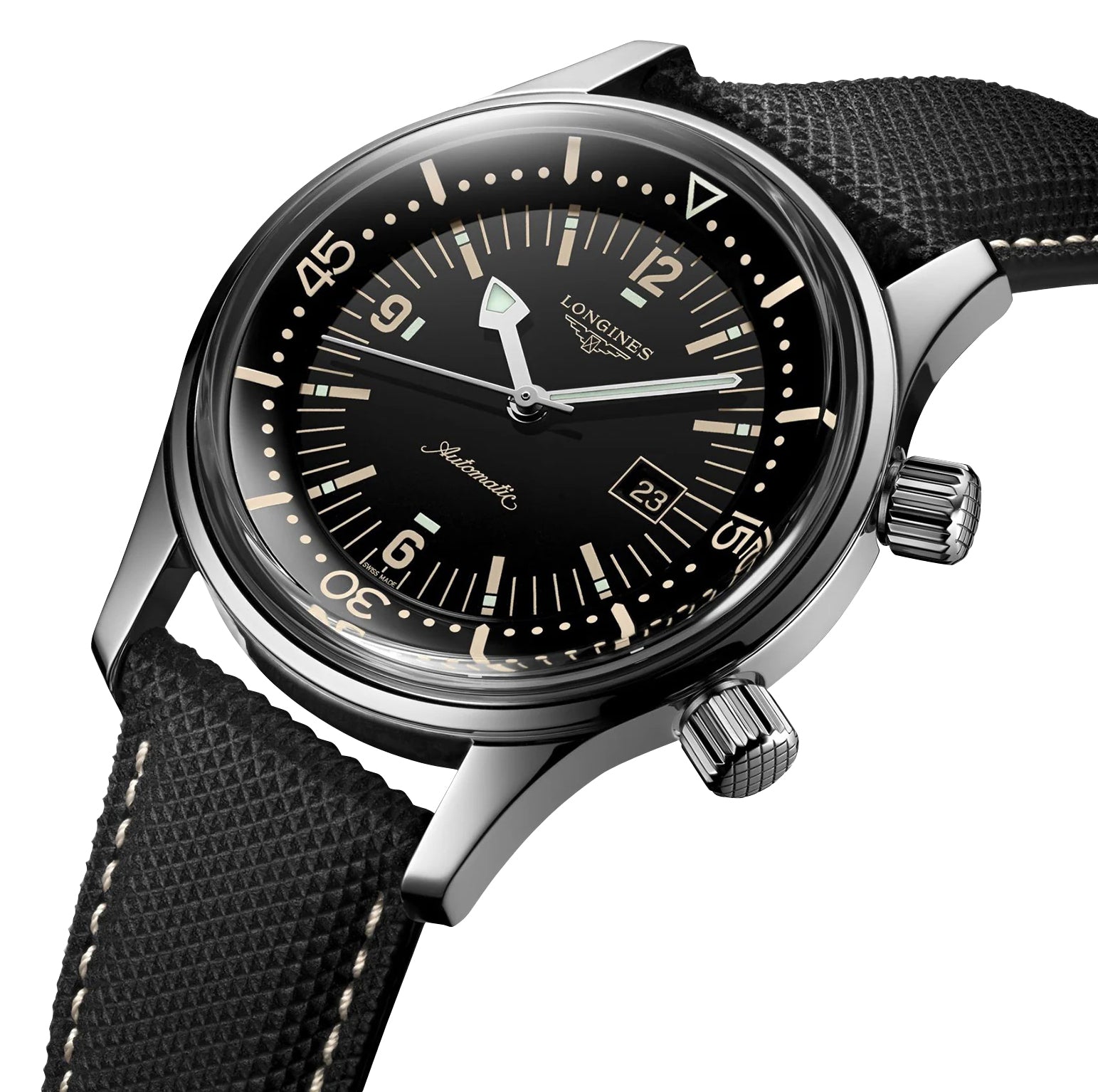 Longines Legend Diver Automatic Stainless Steel Black Dial Black Fabric Strap Date Divers Unisex Watch L3.374.4.50.0 wholesalehk.shop