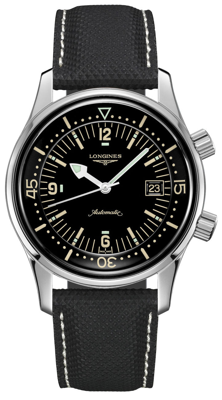 Longines Legend Diver Automatic Stainless Steel Black Dial Black Fabric Strap Date Mens Watch L3.774.4.50.0 wholesalehk.shop