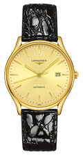 Longines Lyre Automatic Yellow Gold PVD Gold Dial Black Leather Strap Date Mens Watch L4.960.2.32.2 wholesalehk.shop