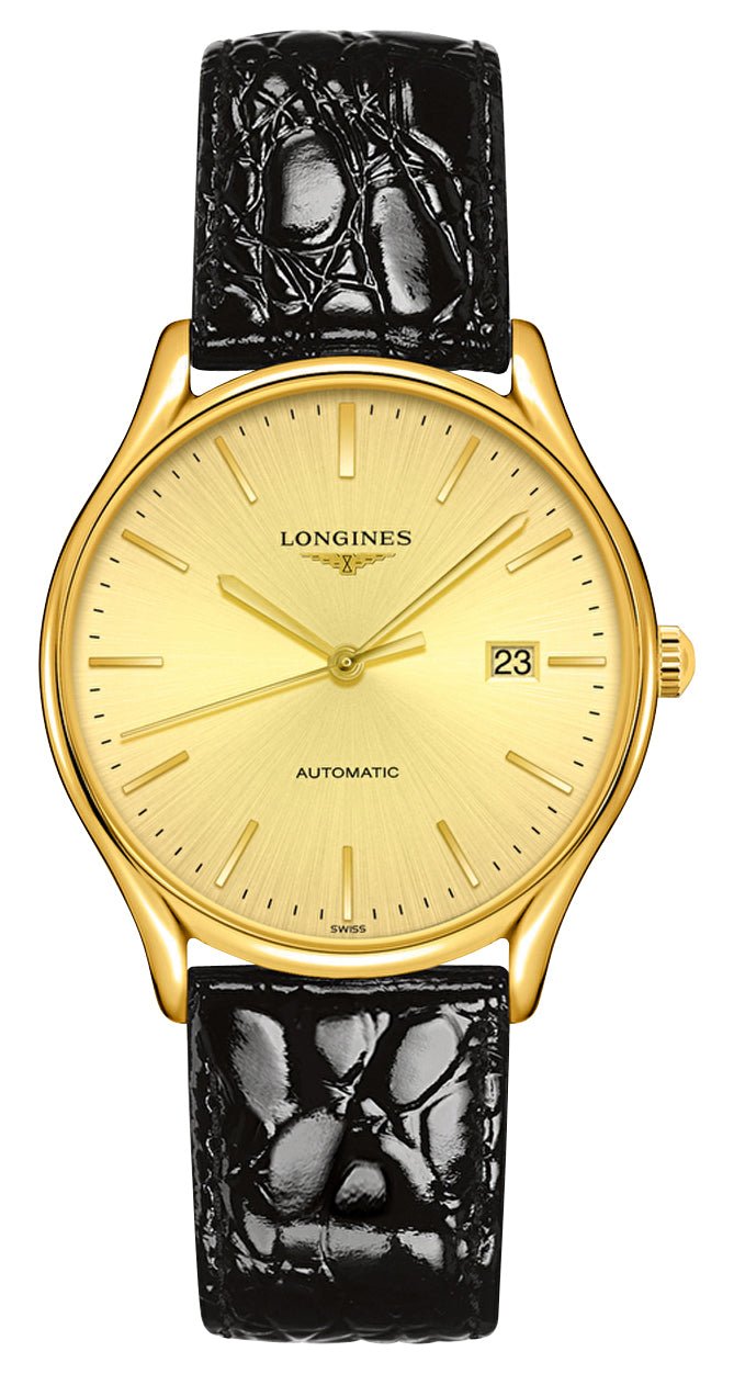 Longines Lyre Automatic Yellow Gold PVD Gold Dial Black Leather Strap Date Mens Watch L4.960.2.32.2 wholesalehk.shop