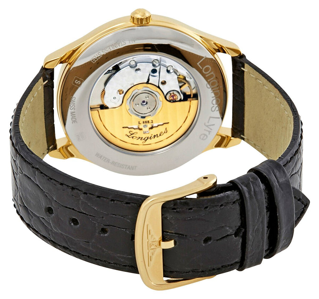 Longines Lyre Automatic Yellow Gold PVD White Dial Black Leather Strap Date Mens Watch L4.960.2.11.2 wholesalehk.shop