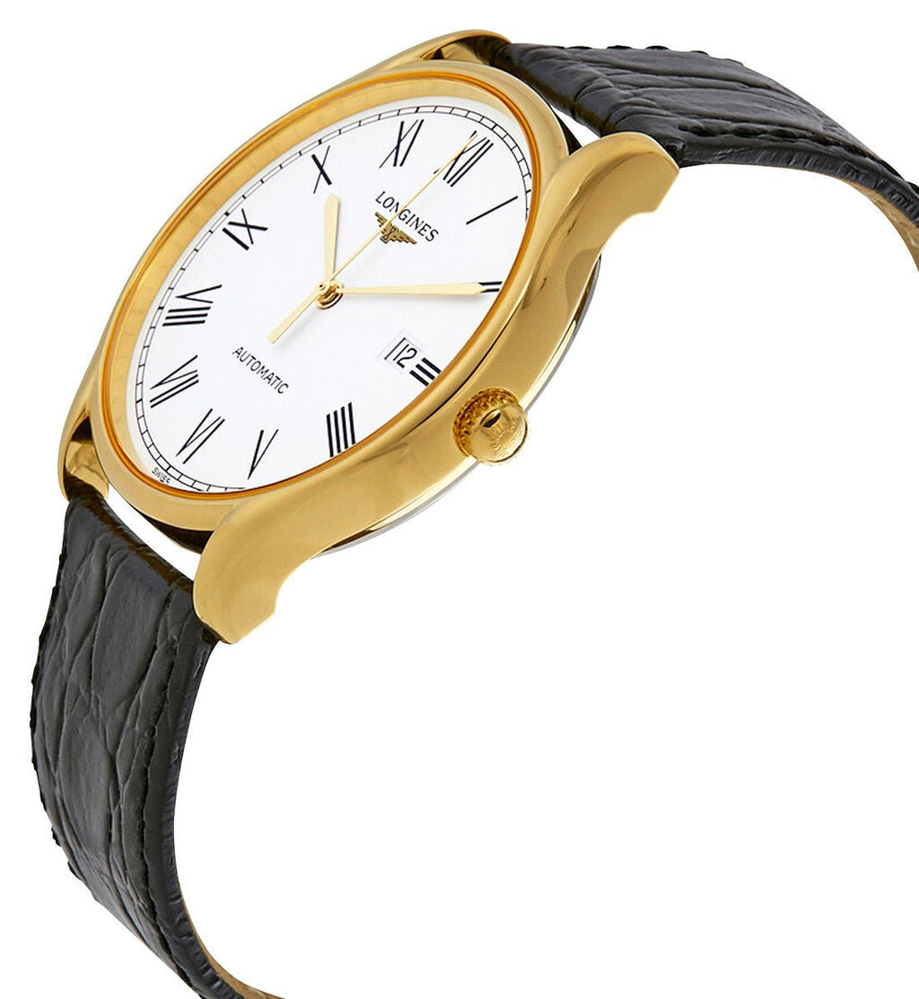Longines Lyre Automatic Yellow Gold PVD White Dial Black Leather Strap Date Mens Watch L4.960.2.11.2 wholesalehk.shop