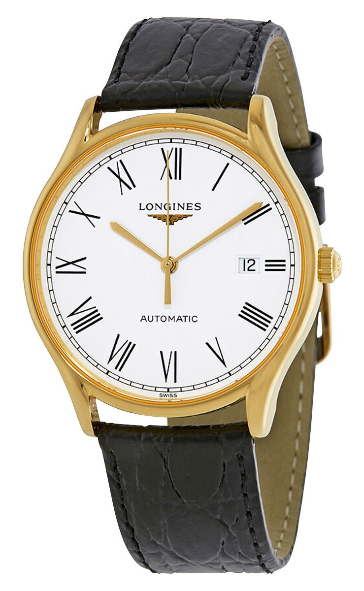 Longines Lyre Automatic Yellow Gold PVD White Dial Black Leather Strap Date Mens Watch L4.960.2.11.2 wholesalehk.shop