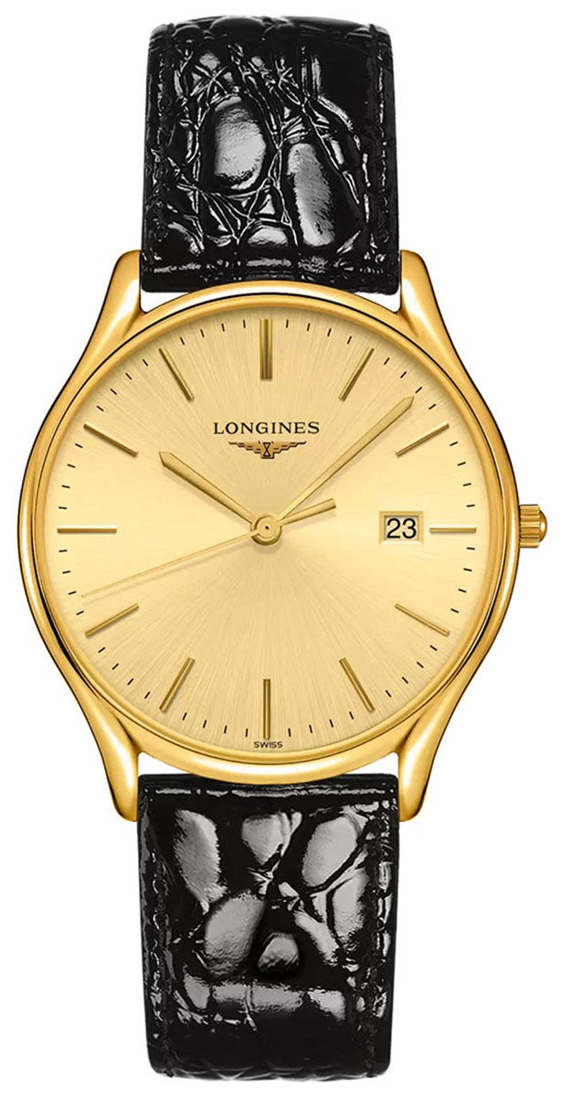 Longines Lyre Yellow Gold PVD Gold-Tone Dial Black Leather Strap Date Quartz Mens Watch L4.859.2.32.2 wholesalehk.shop