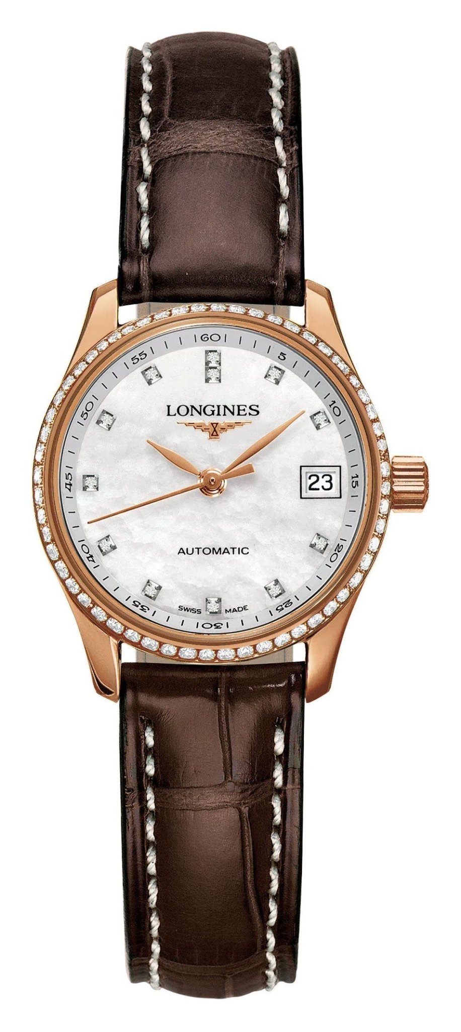 Longines Master Collection Automatic 18K Rose Gold Mother-Of-Pearl Dial Brown Leather Strap Diamonds Date Womens Watch L2.128.9.87.3 wholesalehk.shop