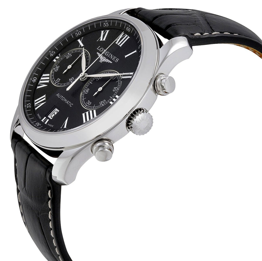 Longines Master Collection Automatic Chronograph Stainless Steel Black Dial Black Leather Strap Date Mens Watch L2.629.4.51.7 wholesalehk.shop