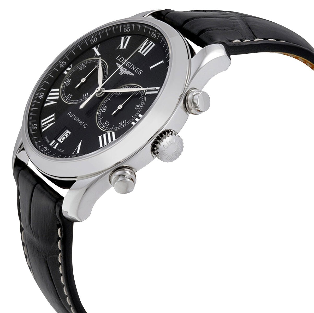 Longines Master Collection Automatic Chronograph Stainless Steel Black Dial Black Leather Strap Date Mens Watch L2.629.4.51.7 wholesalehk.shop