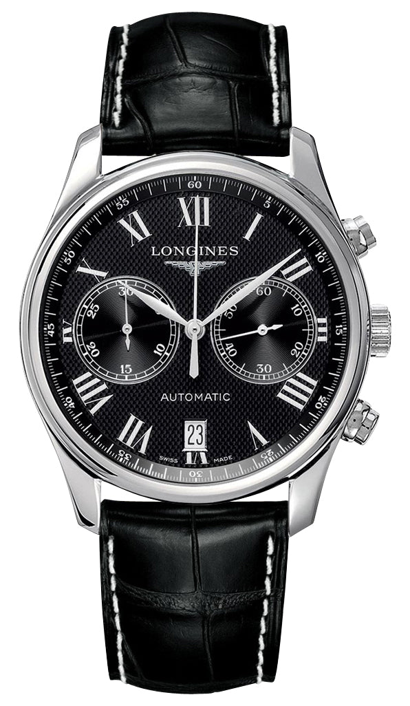 Longines Master Collection Automatic Chronograph Stainless Steel Black Dial Black Leather Strap Date Mens Watch L2.629.4.51.7 wholesalehk.shop