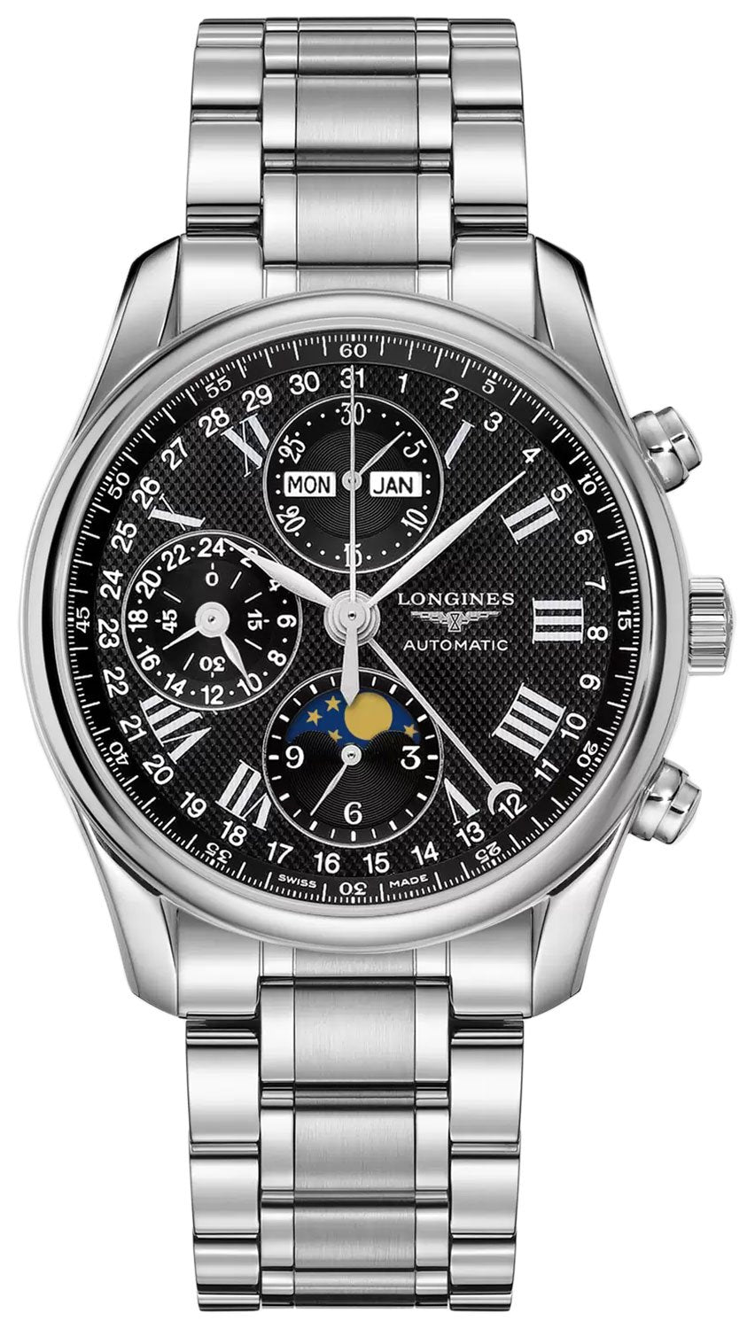 Longines Master Collection Automatic Chronograph Stainless Steel Black Dial Moonphase Day/Date Month Mens Watch L2.673.4.51.6 wholesalehk.shop