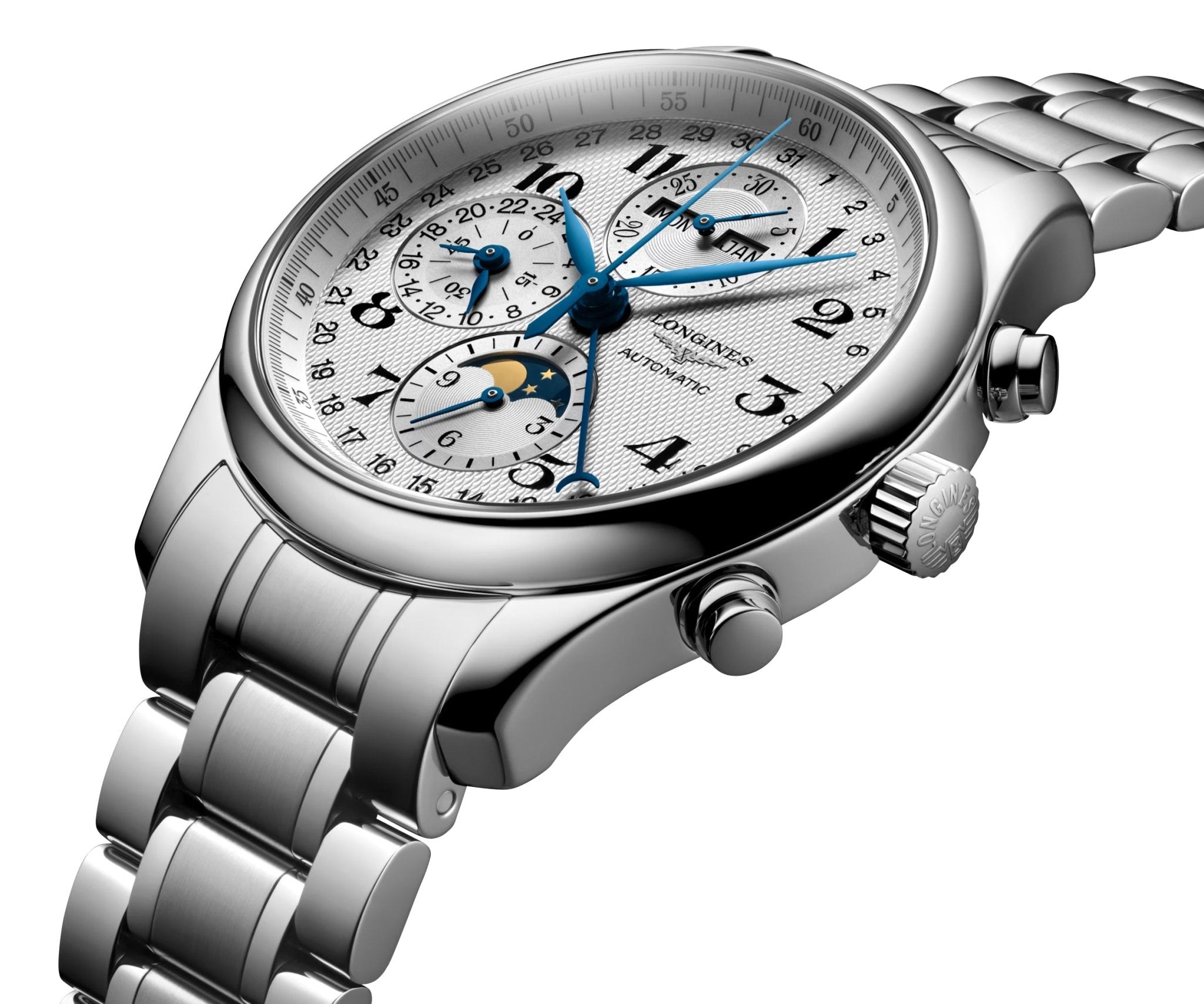 Longines Master Collection Automatic Chronograph Stainless Steel Silver Dial Day/Date Month Moonphase Mens Watch L2.773.4.78.6 wholesalehk.shop