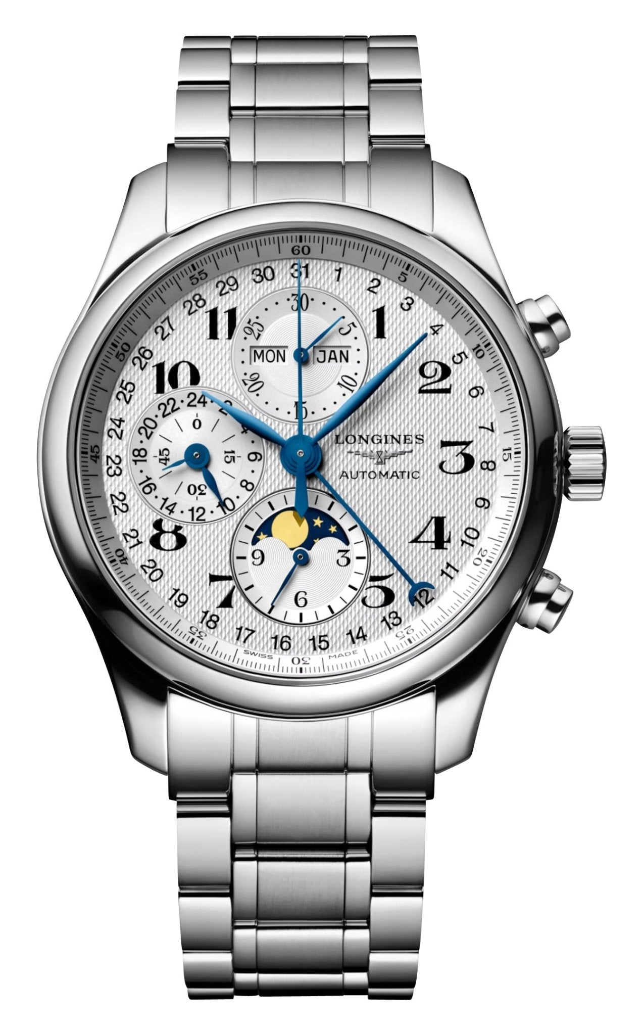 Longines Master Collection Automatic Chronograph Stainless Steel Silver Dial Day/Date Month Moonphase Mens Watch L2.773.4.78.6 wholesalehk.shop