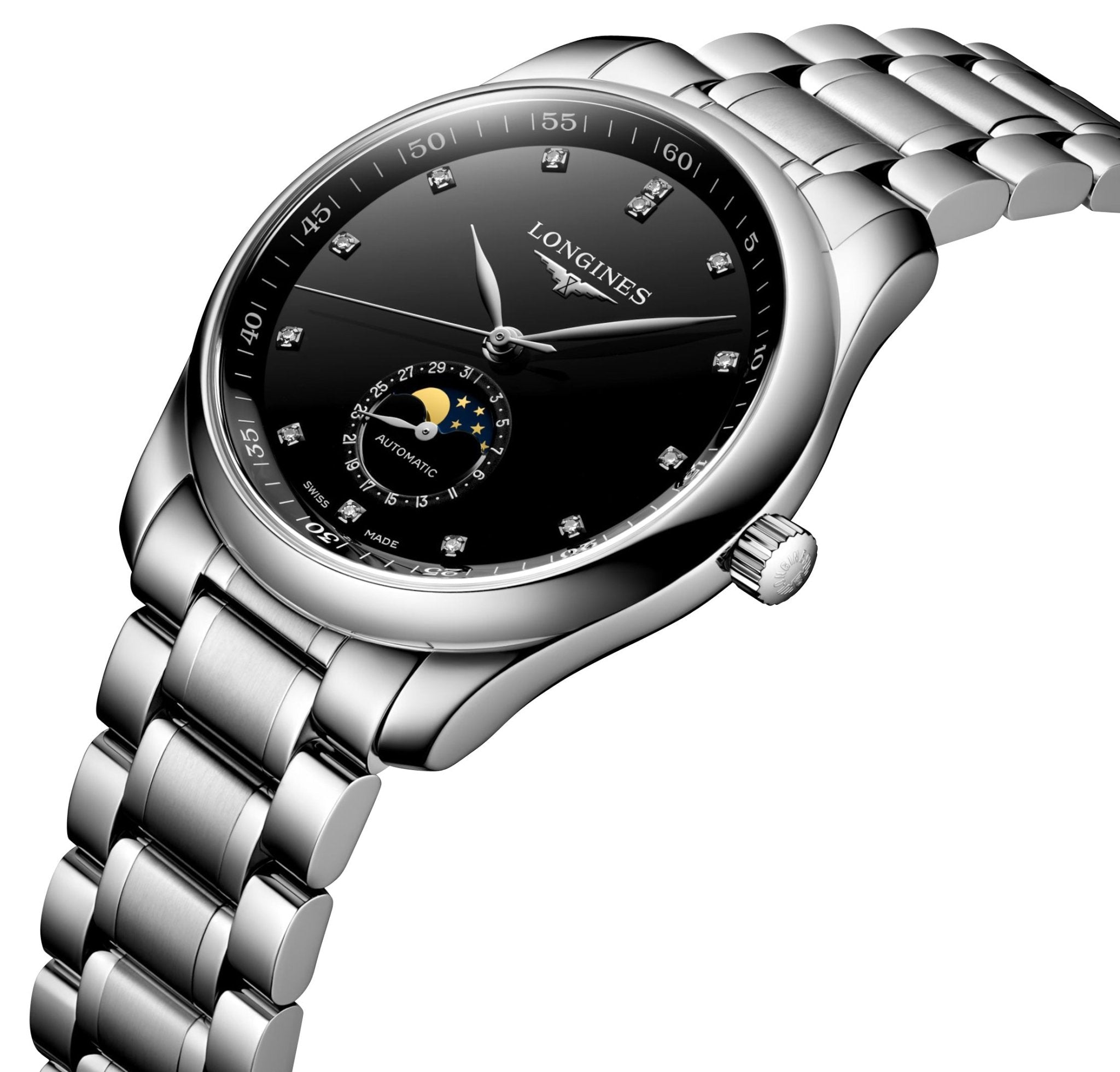 Longines Master Collection Automatic Stainless Steel Black Dial Moonphase Date Diamonds Mens Watch L2.909.4.57.6 wholesalehk.shop