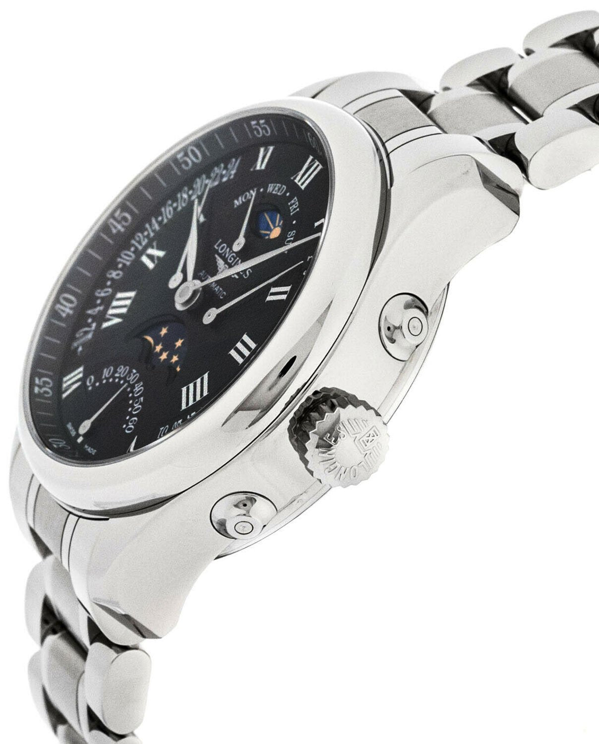Longines Master Collection Automatic Stainless Steel Black Dial Moonphase Dual Time Zone Day/Date Retrograde Mens Watch L2.738.4.51.6 wholesalehk.shop