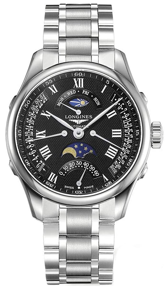 Longines Master Collection Automatic Stainless Steel Black Dial Moonphase Dual Time Zone Day/Date Retrograde Mens Watch L2.738.4.51.6 wholesalehk.shop