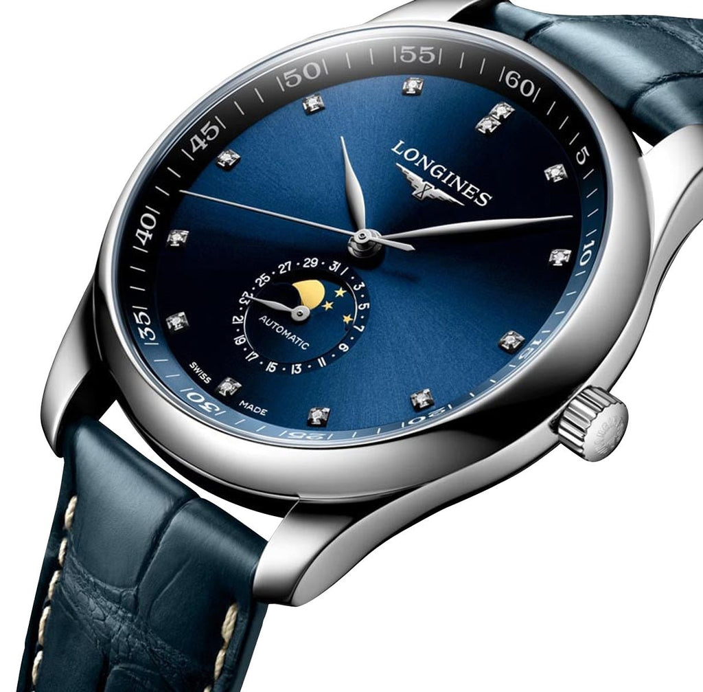 Longines Master Collection Automatic Stainless Steel Blue Dial Blue Leather Strap Diamonds Moonphase Date Mens Watch L2.919.4.97.0 wholesalehk.shop