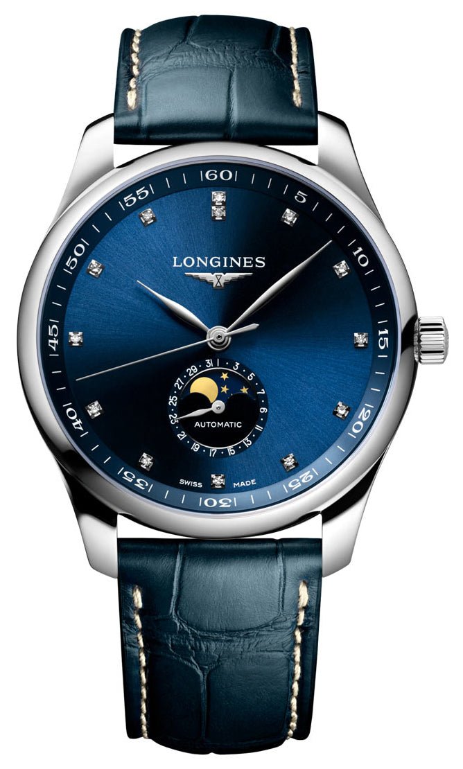 Longines Master Collection Automatic Stainless Steel Blue Dial Blue Leather Strap Diamonds Moonphase Date Mens Watch L2.919.4.97.0 wholesalehk.shop