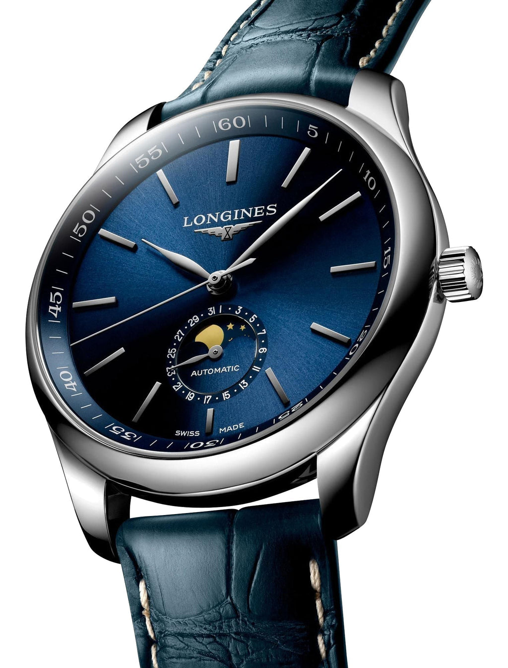 Longines Master Collection Automatic Stainless Steel Blue Dial Blue Leather Strap Moonphase Date Mens Watch L2.919.4.92.0 wholesalehk.shop