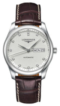 Longines Master Collection Automatic Stainless Steel Silver Dial Brown Leather Strap Diamonds Day/Date Mens Watch L2.755.4.77.3 wholesalehk.shop