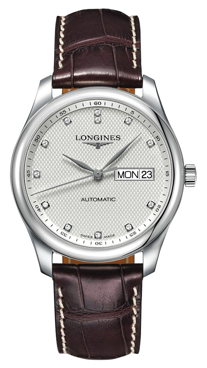 Longines Master Collection Automatic Stainless Steel Silver Dial Brown Leather Strap Diamonds Day/Date Mens Watch L2.755.4.77.3 wholesalehk.shop
